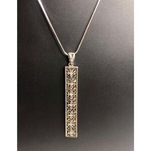 1056 Vicky Jousan Silver Tone pendant CZ Bar necklace chain 17-20" long